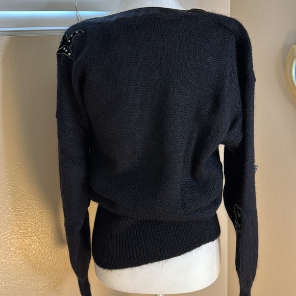 Vintage 90s Escada Black V-Neck Sweater with Velvet, Crystal Embellishments - Picture 6 of 8